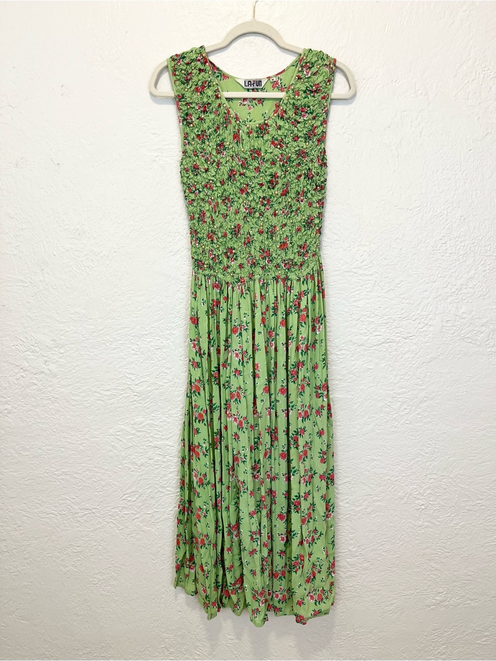 Vintage 90s Y2K Dress Green Pink Floral Beaded Smocked Cottagecore Boho Retro M - Picture 10 of 13